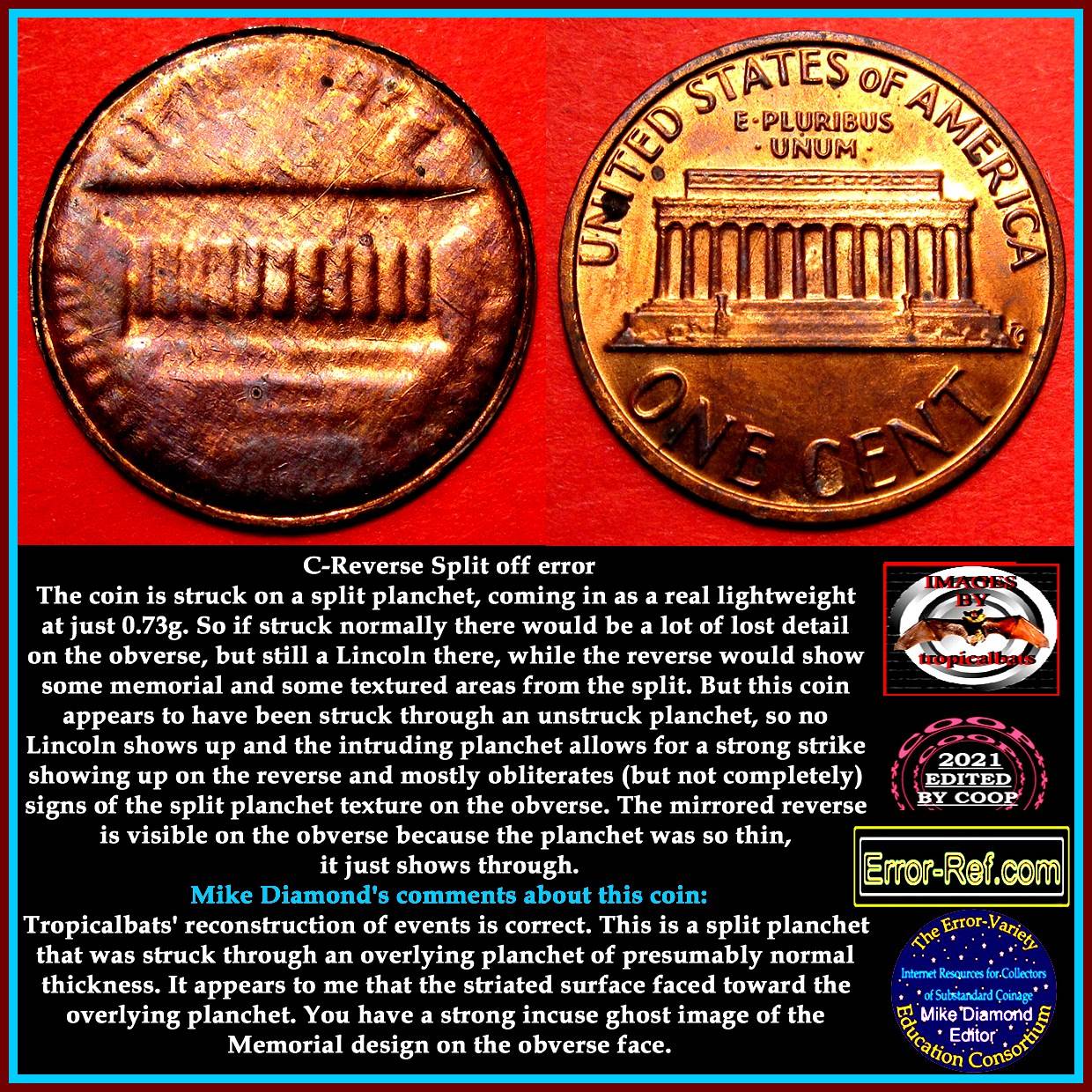 No-Date-Lincoln-Memorial-Cent-Mint-Error---Split-Planchet-Struck-Through-Planchet