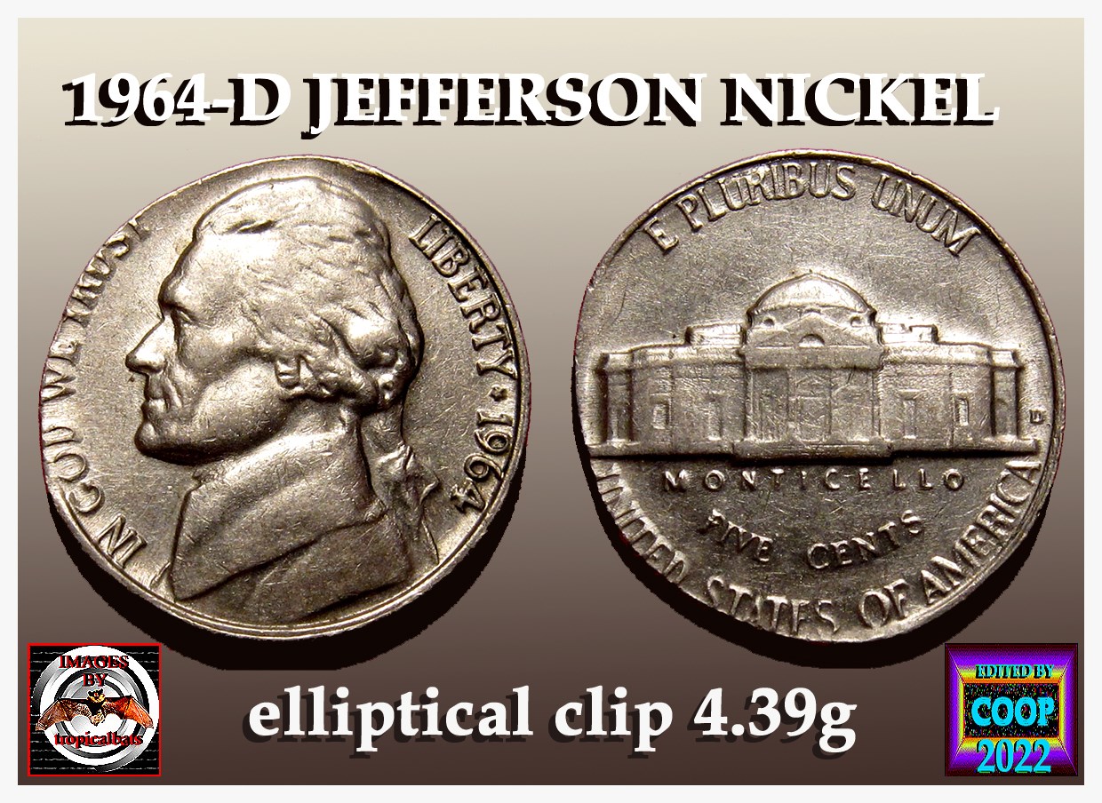 1964-D-Jefferson-Nickel-Mint-Error---Elliptical-Clip-4.39g