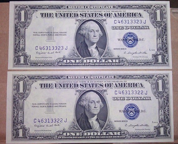 1935-G-$1-Silver-Certificate-Blue-Seal---Consecutive-Notes