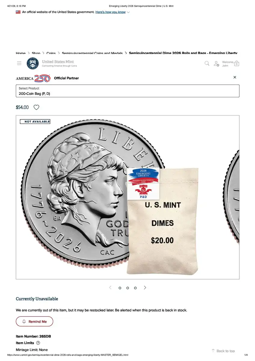 2026-Semiquincentennial-Two-Roll-Sets-&-Bags,-Emerging-Liberty-Dime-Available-On-April-17,-2026