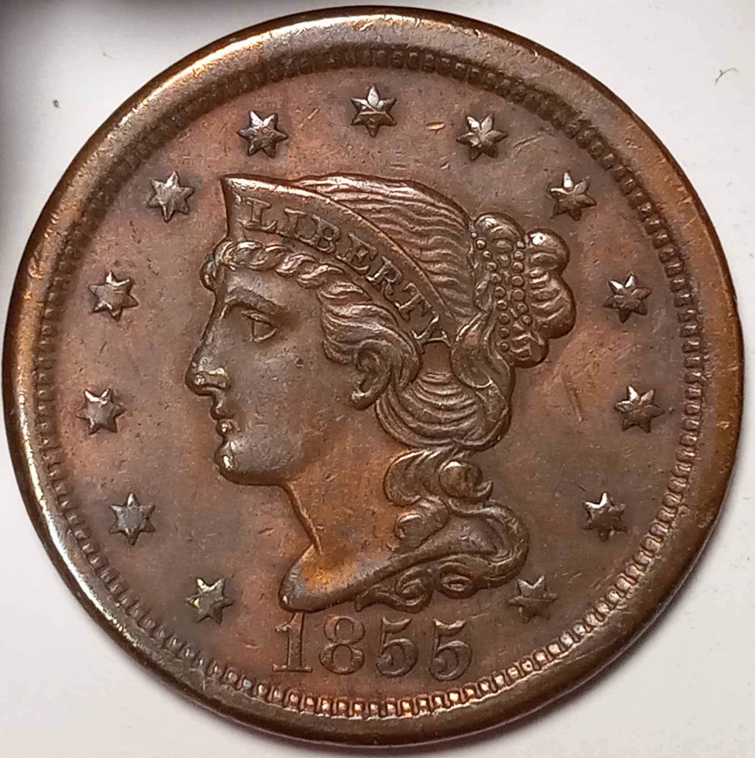 1855-Upright-5's-Braided-Hair-Large-Cent.