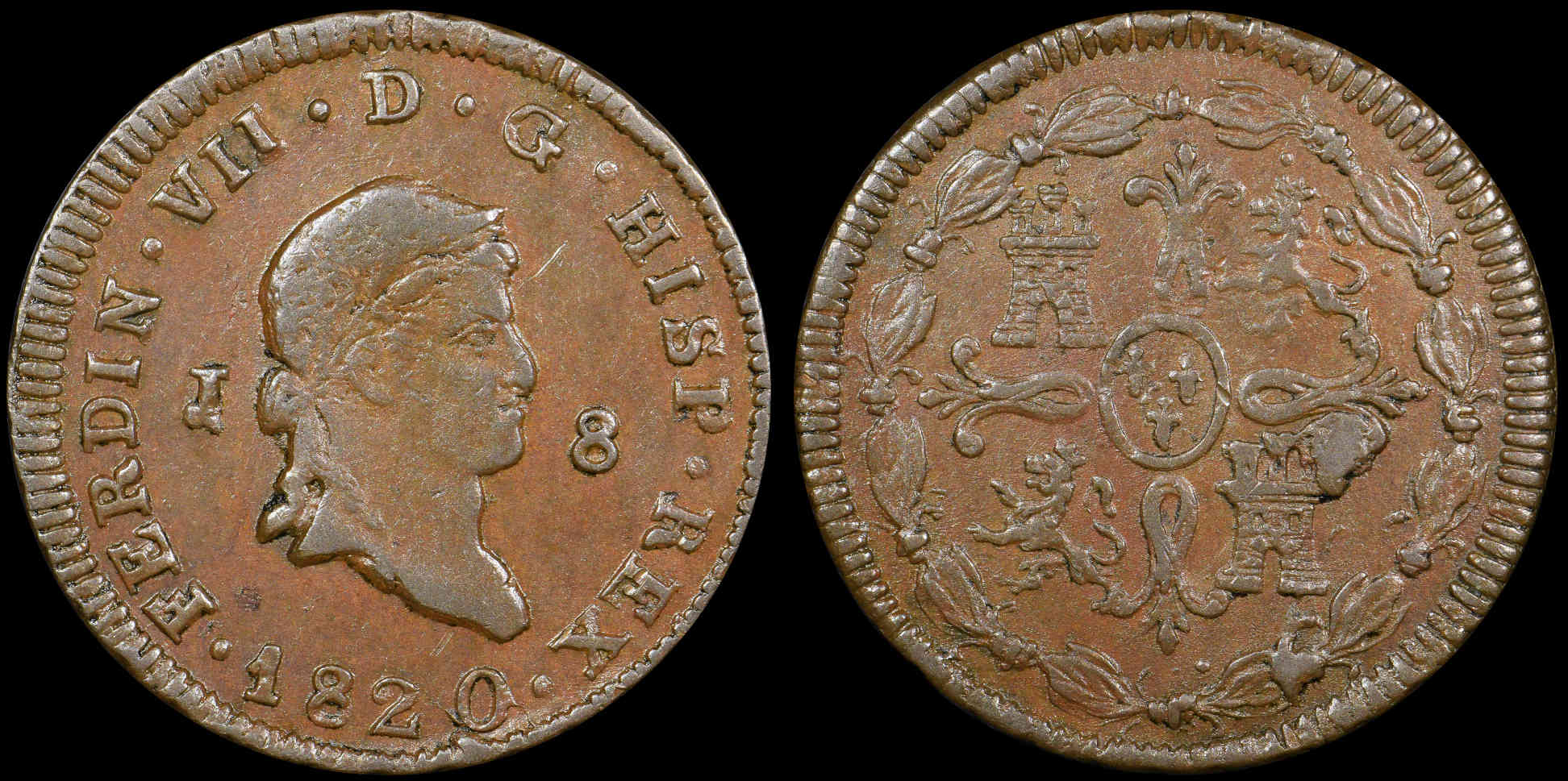 Spain-1820-J-8-Maravedis