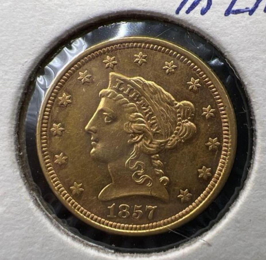 1857-Liberty-Head-$2-1/2-Gold-Recut-Letter-On-Coin