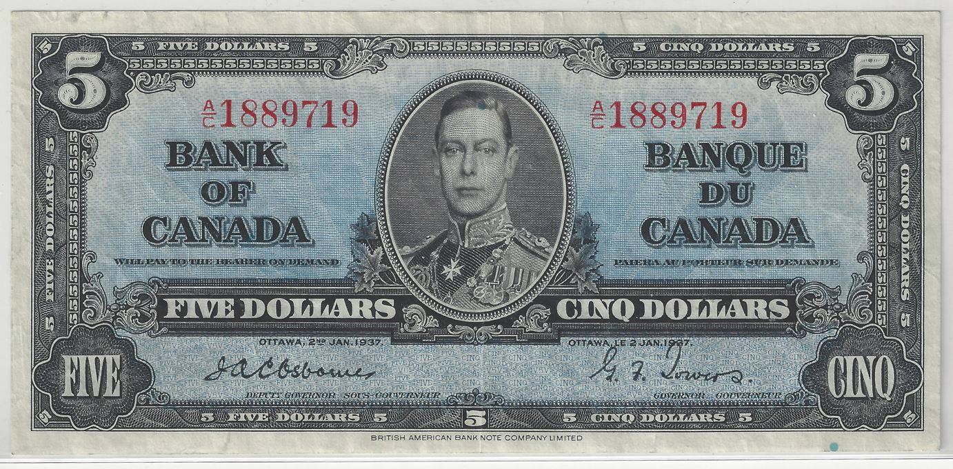 Post-Your-1937,-$5-Osborne-Towers-Bc-23A-Banknotes