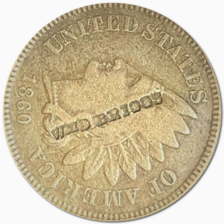 1860-Indian-Cent,-Pointed-Bust,-With-A-Counterstamp-&-A-Question-.