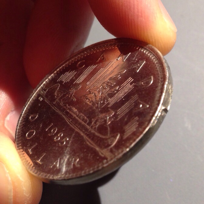 1985-Nickel-Dollar-Error,-Off-Center,-Missing-Reeded-Edge