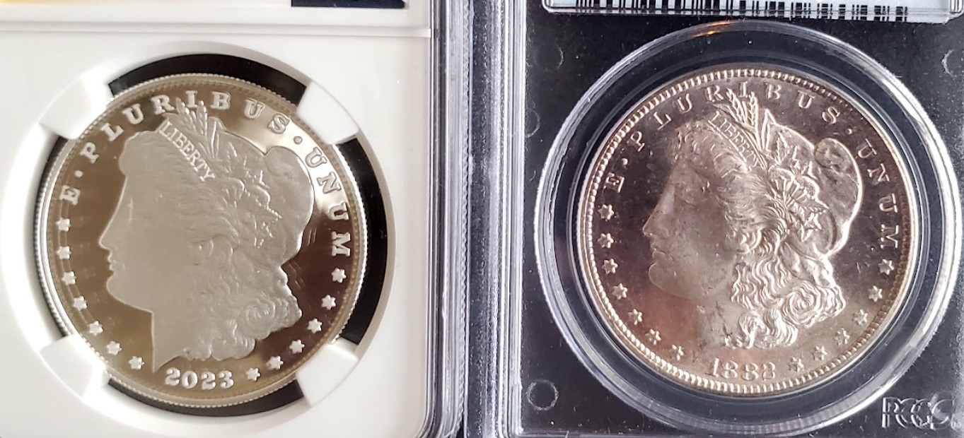 Yesterday-And-Today---1882-CC-PL-Morgan-Next-To-A-2023-Proof-Commemorative