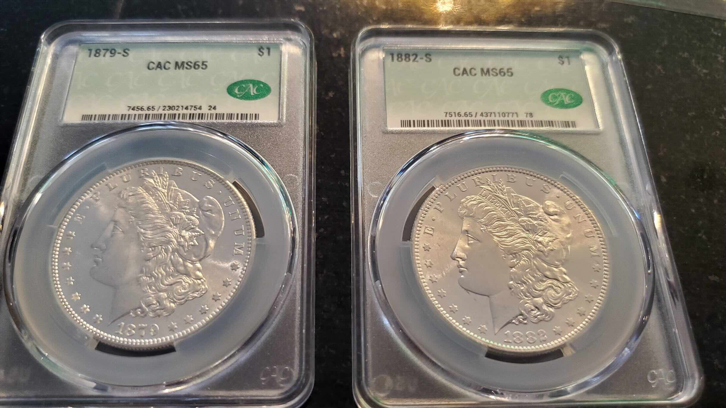 Cac's-Reputation-Is-Well-Deserved---Two-MS-65-Morgans-1882-S,-1879-S