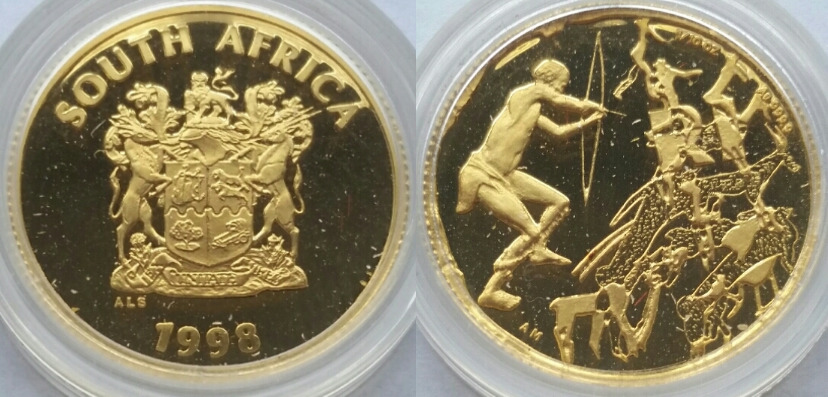 South-Africa-1-Rand-1998-1/10-Oz-Gold-|-Tribesman-Hunting