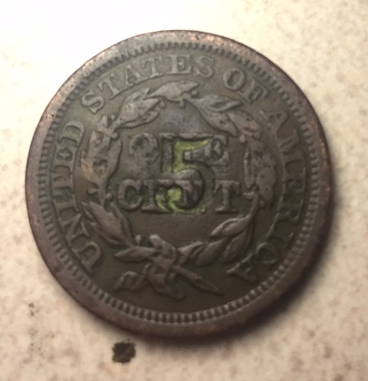 1844-Large-Cent-With-1845-Stamped-Across-Face-And-5-On-Back