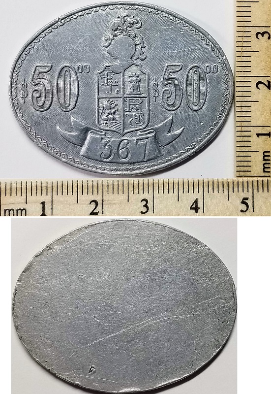 Aluminum-45mm-Oval-Trade-Token,-Maybe-Caribbean,-$50-