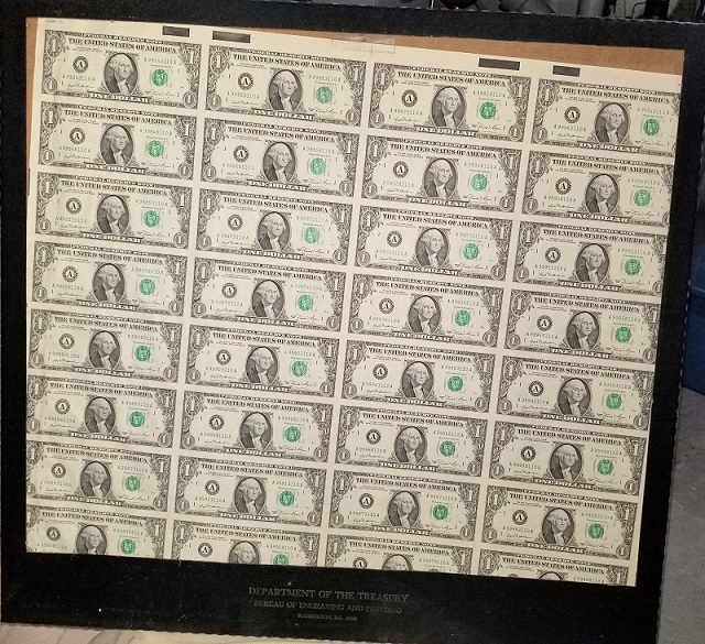 Sheet-Of-Uncut-One-Dollar-Notes,-All-With-The-Same-Serial-Number