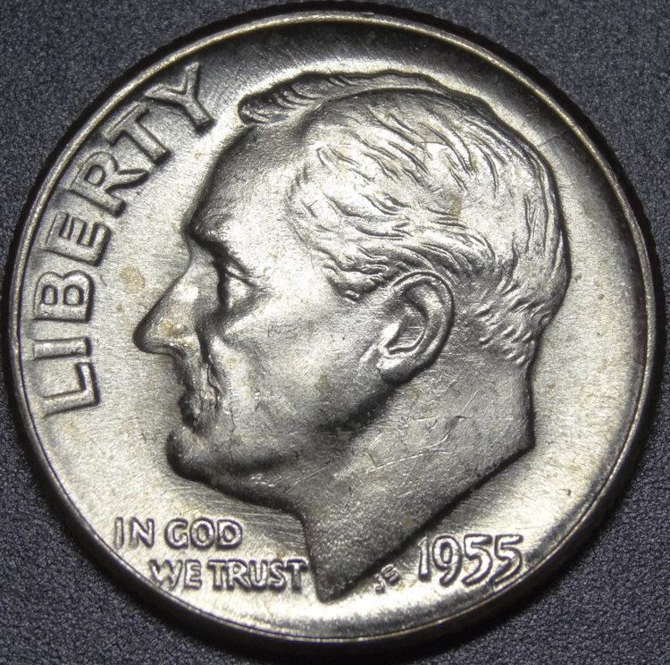 1955-P-Roosevelt-Dime-What's-Is-That-In-The-Mouth?-Die-Crack?