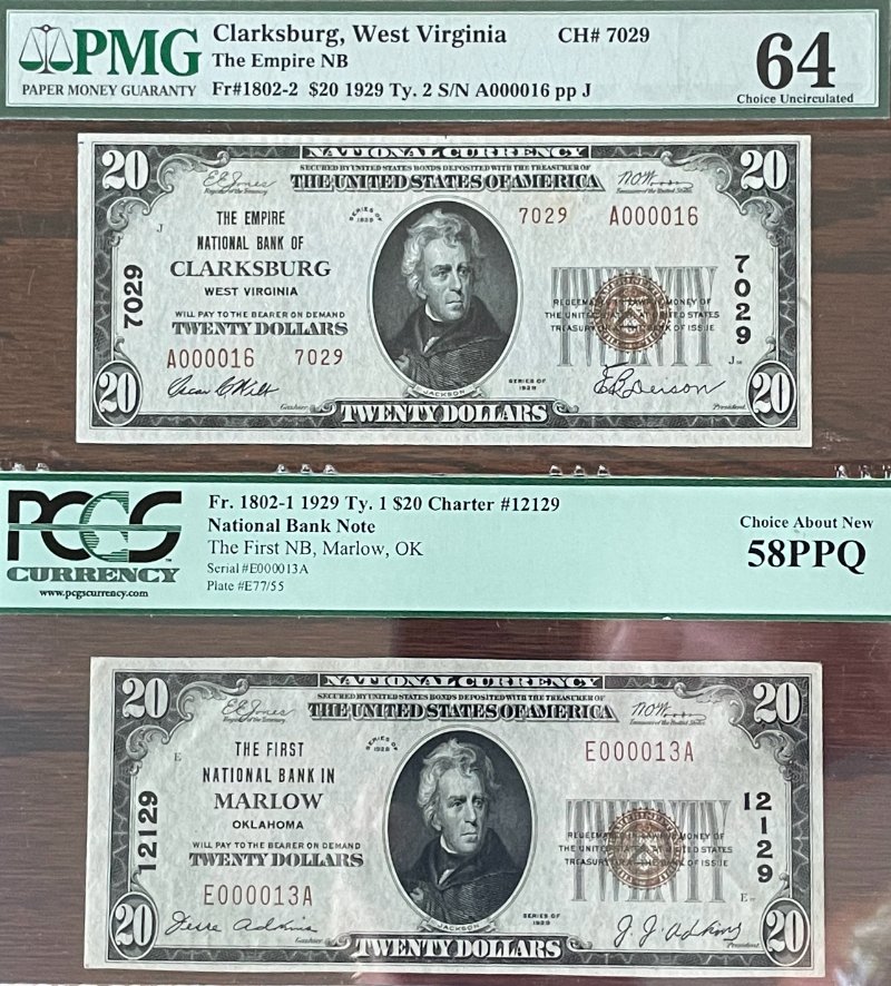 1929-$20-Nat'l-Bank-Notes---Lower-Serial-#'s-But-With-A-Disclaimer