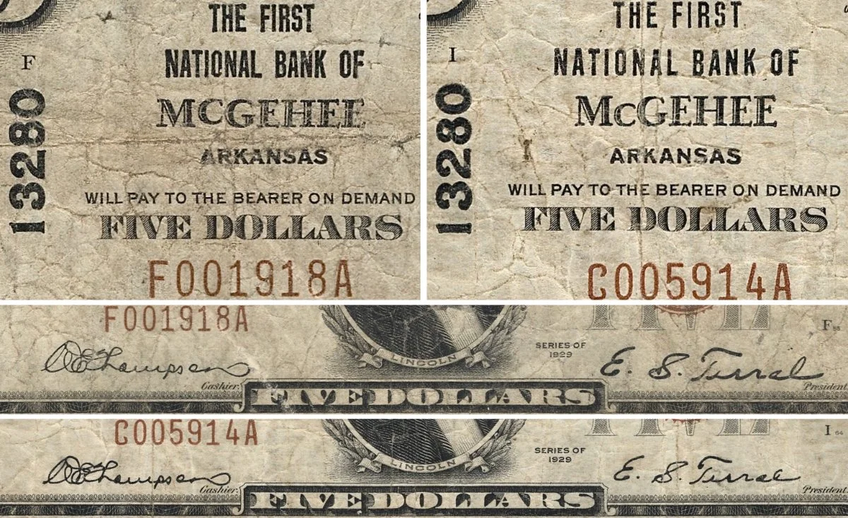 Two-1929-Type-1-$5-Nbn's-From-The-Same-Charter-With-Different-Overprinting-Plates