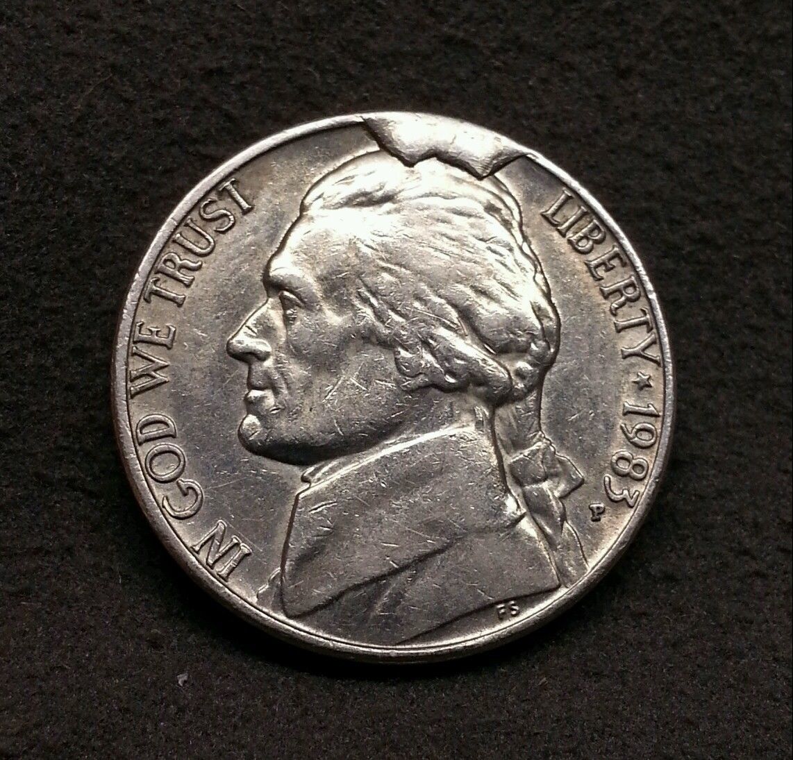 1983-P-Jefferson-Nickel-Cud---Found-In-Bank-Roll