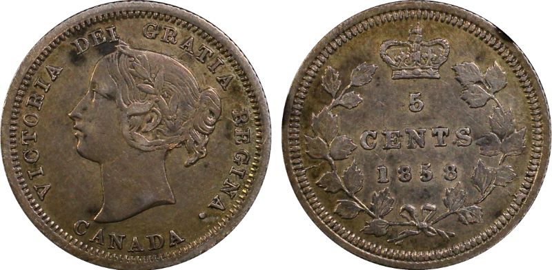 1858-Canada-5-Cent-Silver-Misaligned/Repunched-I-In-Dei