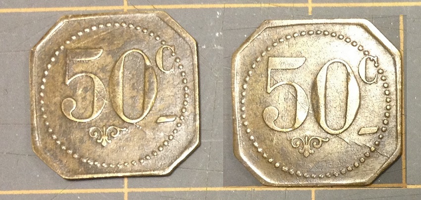 Pair-Of-50-Cent-Tokens-Same-Die,-Different-Die-Stages
