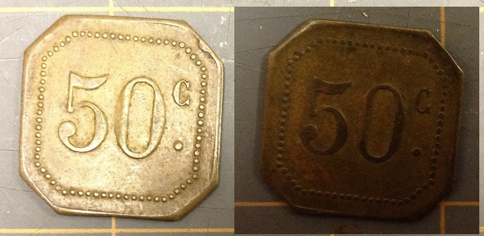 Pair-Of-50-Cent-Tokens-Same-Die,-Different-Die-Stages