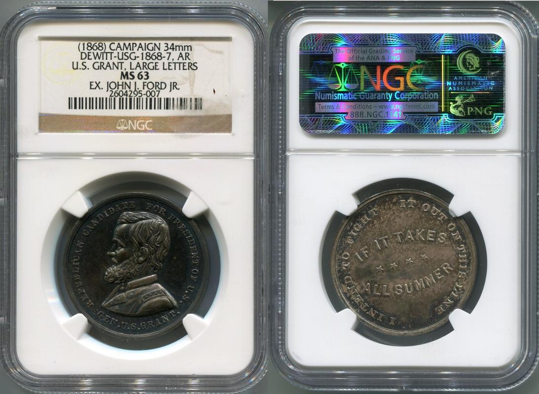 1868-Campaign-34mm-Dewitt-Usg-1868-7-AR-US-Grant-Large-Letters-MS-63-Silver!
