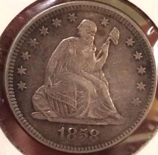 1858-O-Seated-Liberty-Quarter.--Grade-It.