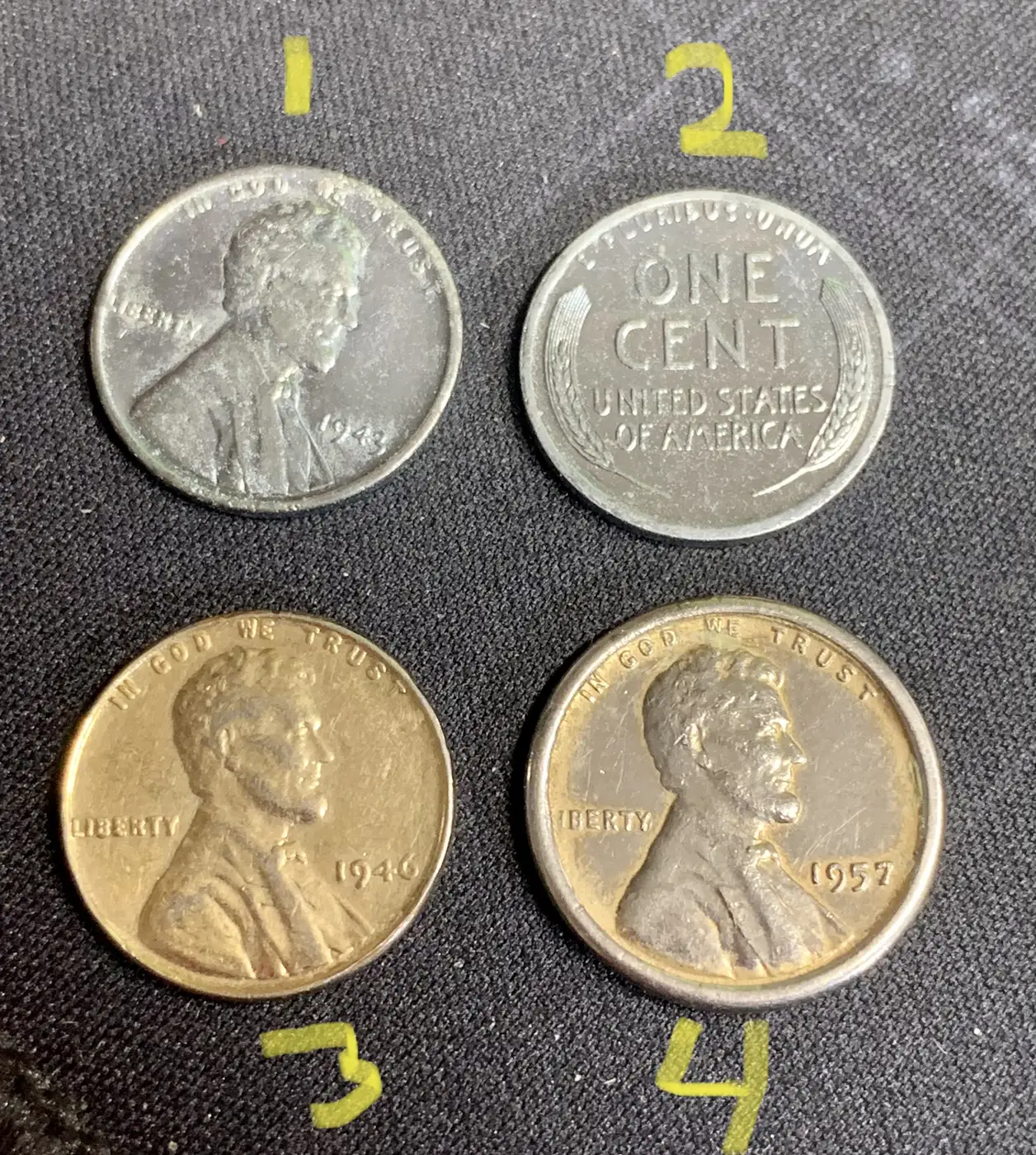 Help-On-A-Couple-Odd-Pennies-From-A-Collection?-1943-P,-1943-S,-1946-P,-And-1957-P-Cents