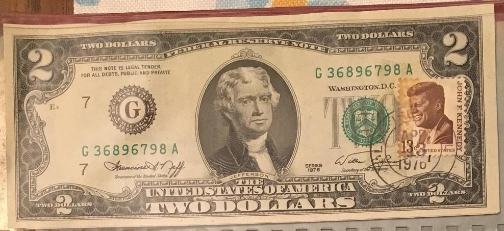 1976-$2-With-Kennedy-Stamp-And-Postmark