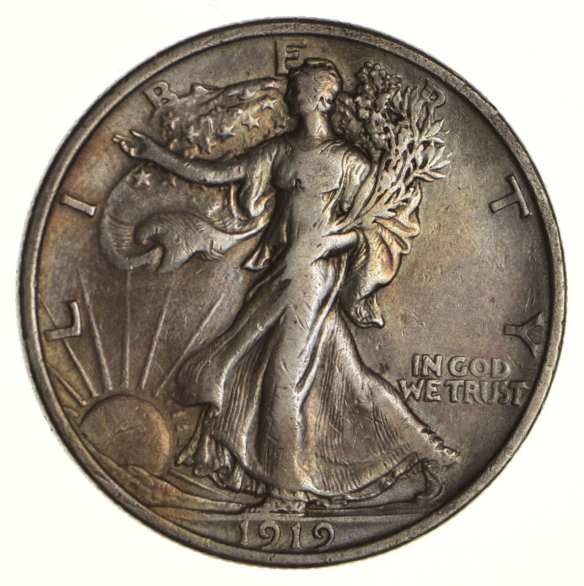 1919-Walking-Liberty-Half,-Toned,-Unslabbed