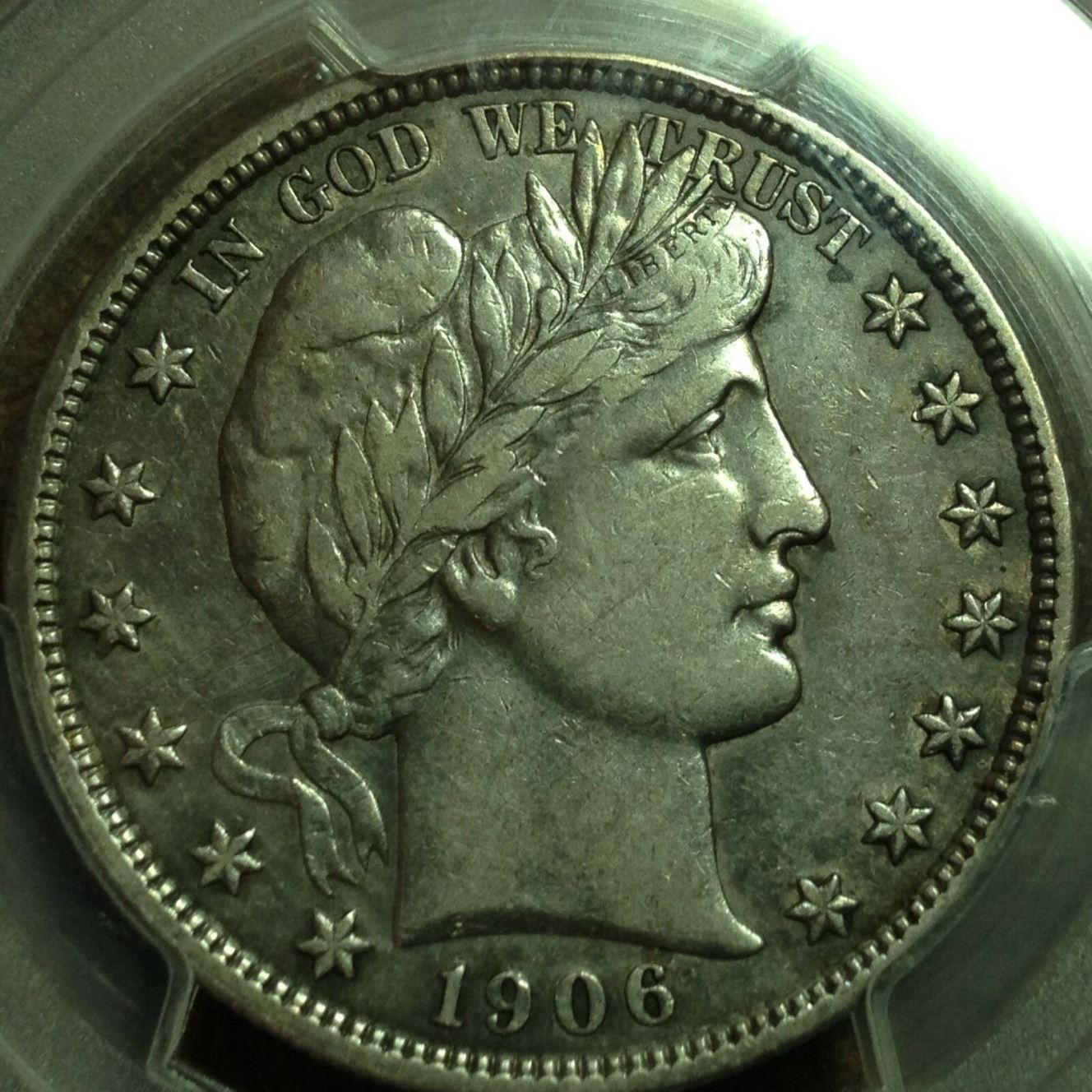 1906-P-Barber-Half,-Slabbed,-Mysterious-Green-Hue