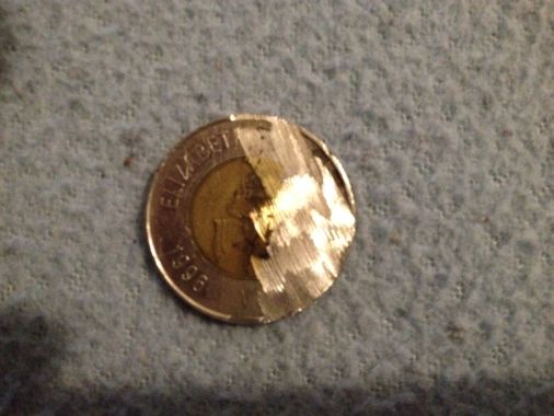 Error-Inner-Core-Twoonie-$2-Canadian-Coin,-Ground-Down-In-Mint-Process