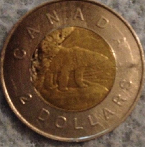 Error-Inner-Core-Twoonie-$2-Canadian-Coin,-Ground-Down-In-Mint-Process