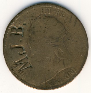 1/2-Penny-1897,-Countermark-Letters-M.j.b.