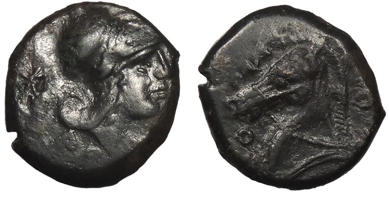 17mm,-3.48g,-Anonymous.-240-Bc.-Bronze-Litra-Rome.-Helmeted-Mars-/-Horse's?