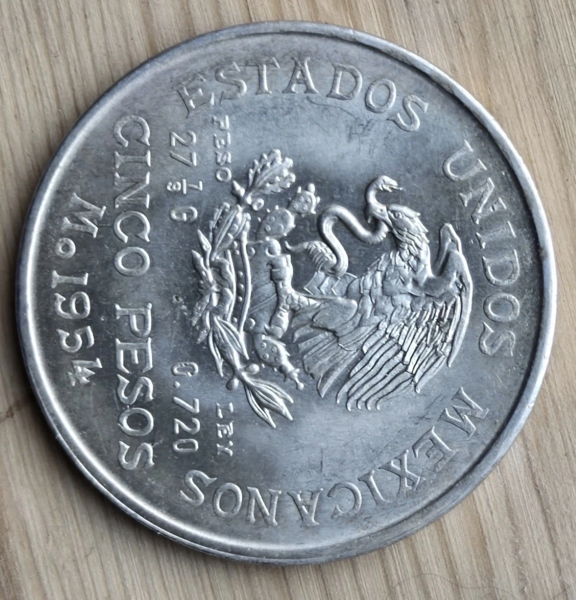 1954-Mexico-Hidalgo-5-Peso--Squishy-Looking-Letters.-Die-Issue?