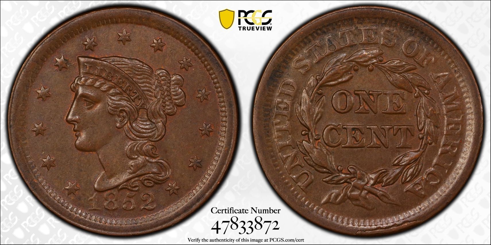1852-Braided-Hair-Cent-N-23,-PCGS-MS-62BN