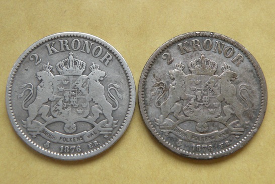 Grading-Two-Same-Year-1876-Sweden-2-Kronor-Rare-Silver-Coins