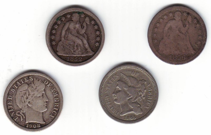 1852,-1856,-1908-Dimes-And-I-Guess-A-Three-Cent-Piece-1865