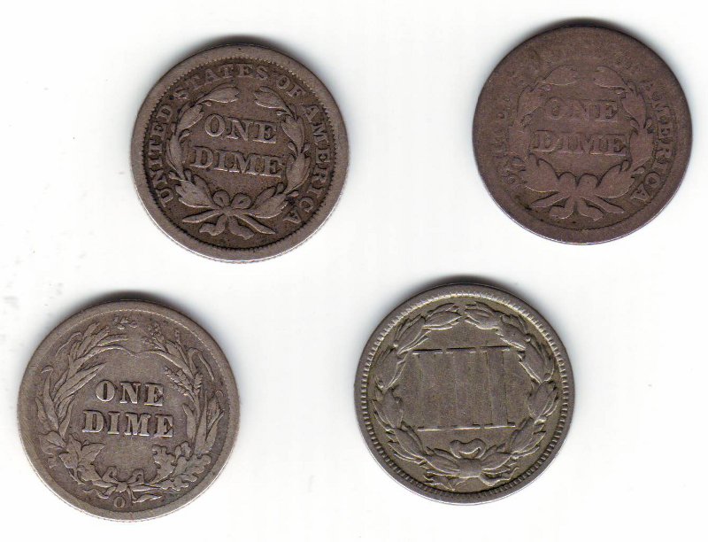 1852,-1856,-1908-Dimes-And-I-Guess-A-Three-Cent-Piece-1865