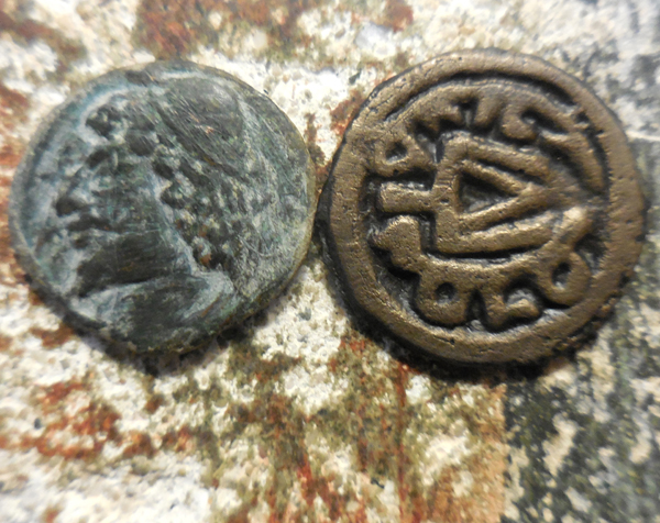 2-Coins-Of-7---8th-Century-Chach-Tashkent-Today:-Bust-/-Tamgha-&-Lion-/-Tamgha