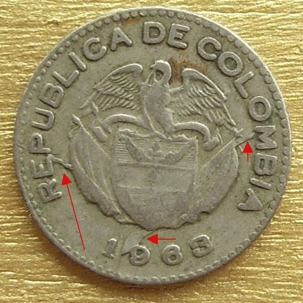 Two-Colombian-Coins-10-Cents-1963-.....die-Cracks?