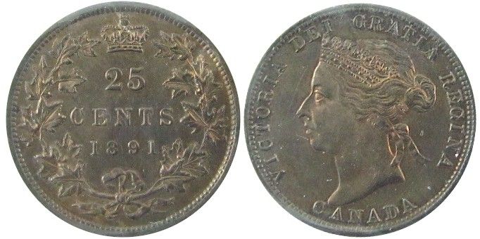 New-Pick-Up-Canadian-1891-25c-ICCS-MS-63