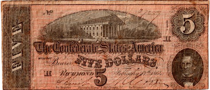 1864-Five-Dollar-Confederate-Bill---Grade-&-Authenticity-Ck.