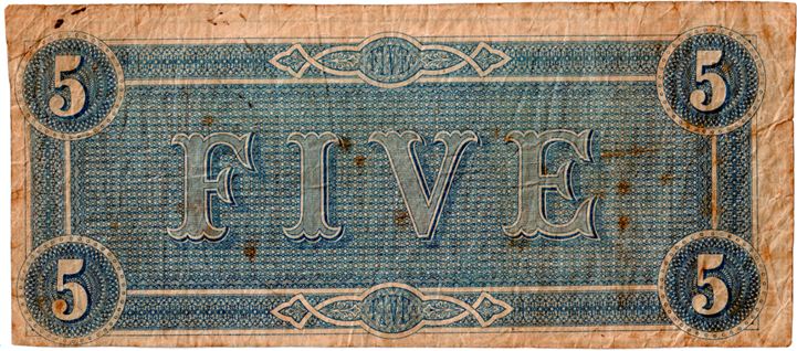 1864-Five-Dollar-Confederate-Bill---Grade-&-Authenticity-Ck.