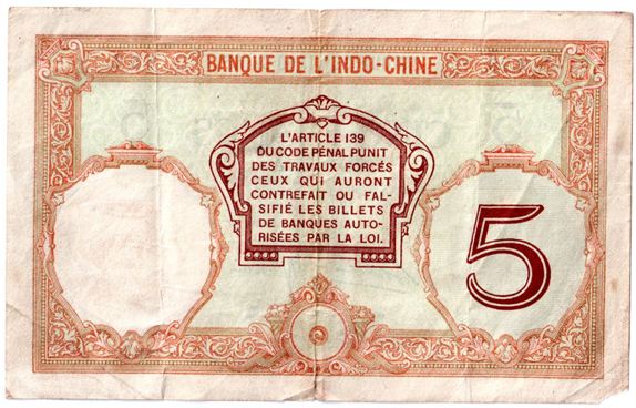 5-Francs-1941?-No-Date,-Banque-De-Indochine-Grade,-Value