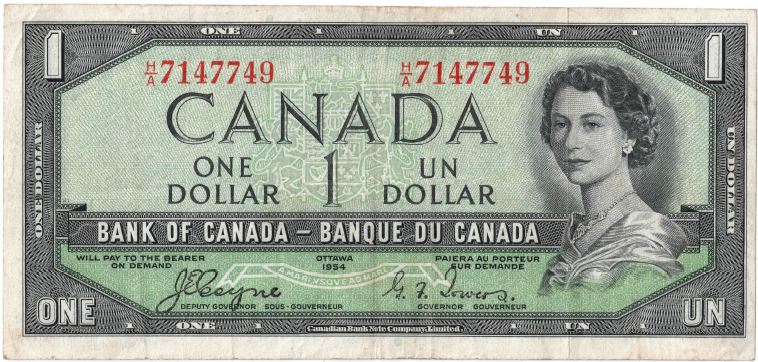 1954-Canada-Ha-$1-Coyne-Towers-Devil's-Hair-Error-Note-Grade