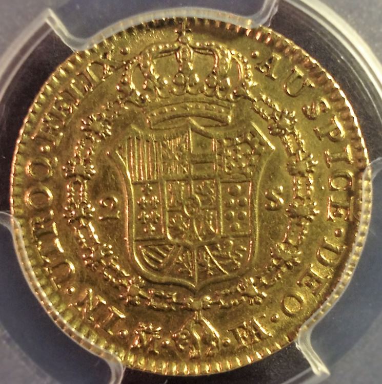 1801-M-FA-Spain-Gold-2-Escoudos---Repunched-Letter,-DDR-Or-?