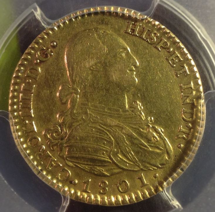 1801-M-FA-Spain-Gold-2-Escoudos---Repunched-Letter,-DDR-Or-?