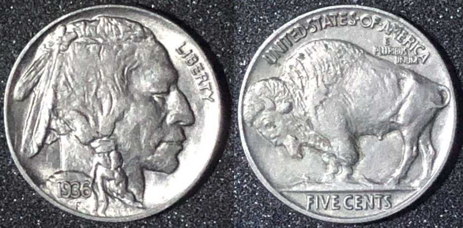 1936-Buffalo-5c-Grade-W/-Small-REV-Spots-Of-Verdigris-&-Buf-Hair-Check