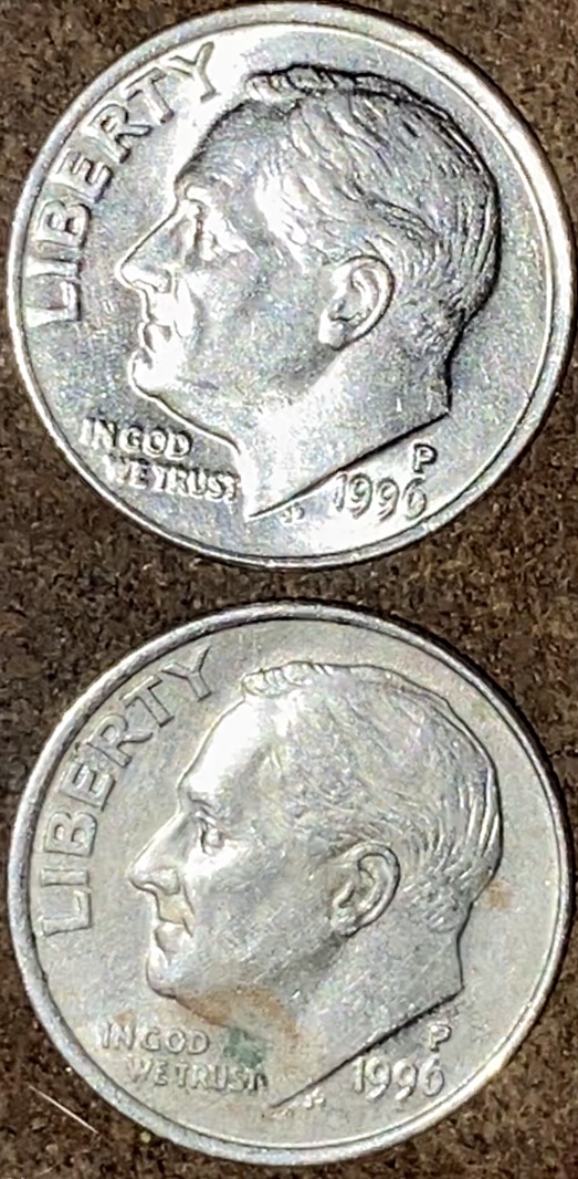 2-1996-P-Dimes-Different-Colors