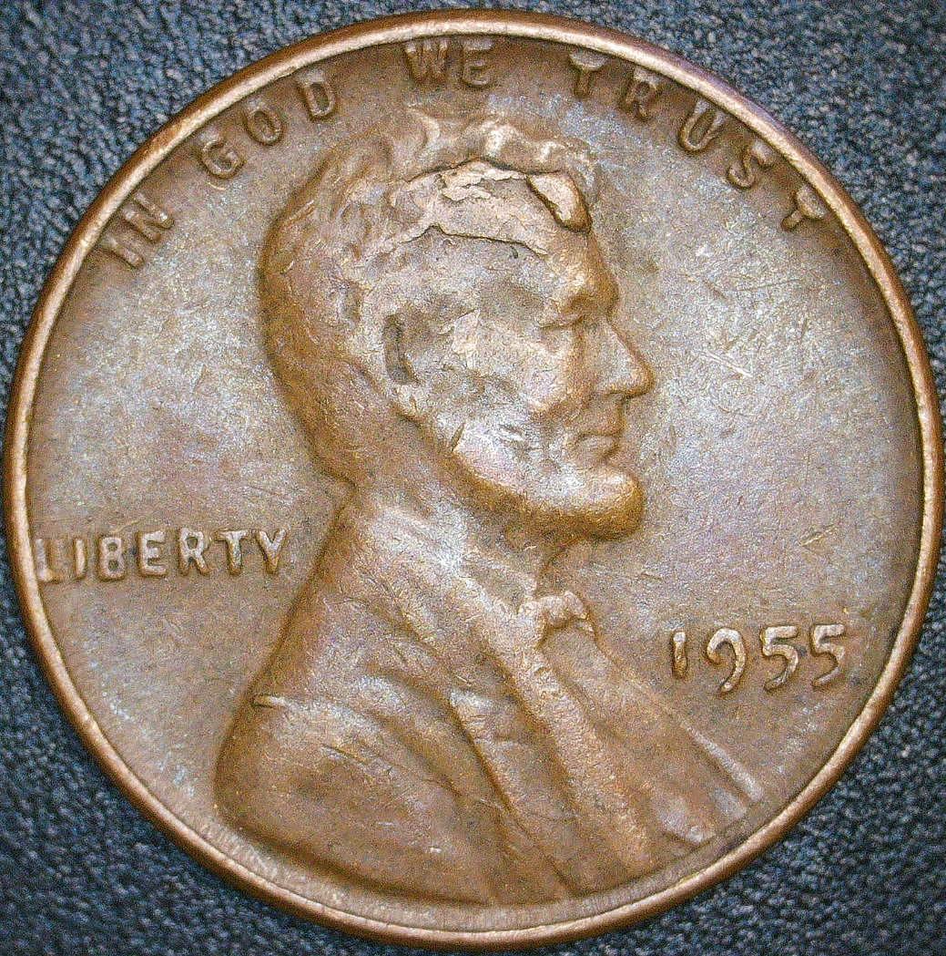 1955-P-Lincoln-Penny-With-Possible-Die-Chip-On-Head?